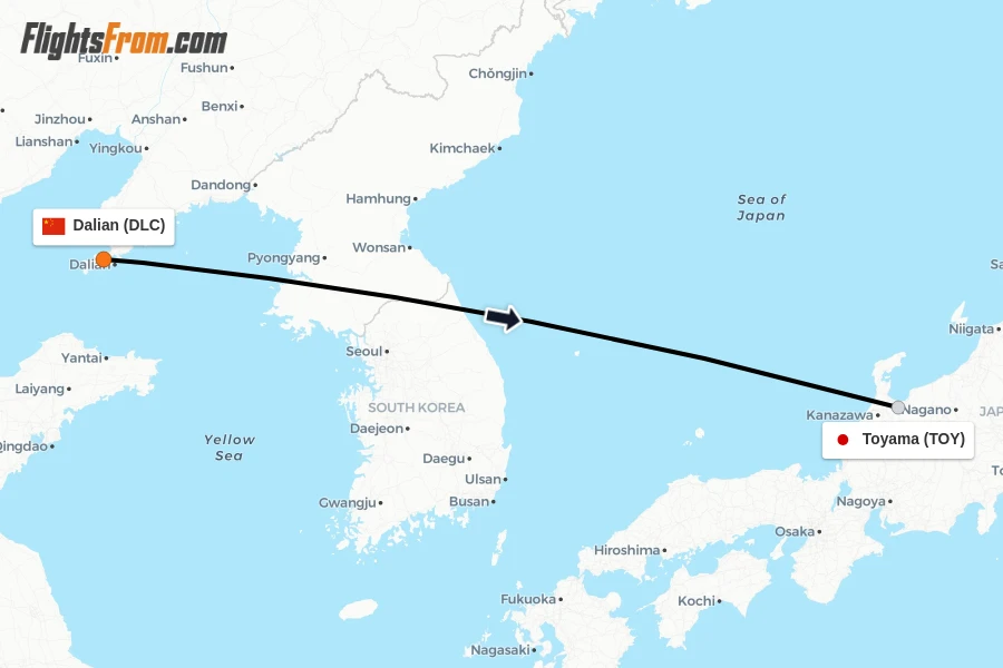 Flights from Dalian to Toyama route map