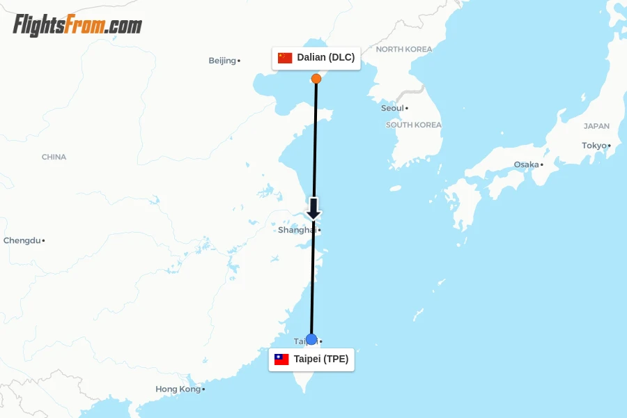 Flights from Dalian to Taipei route map