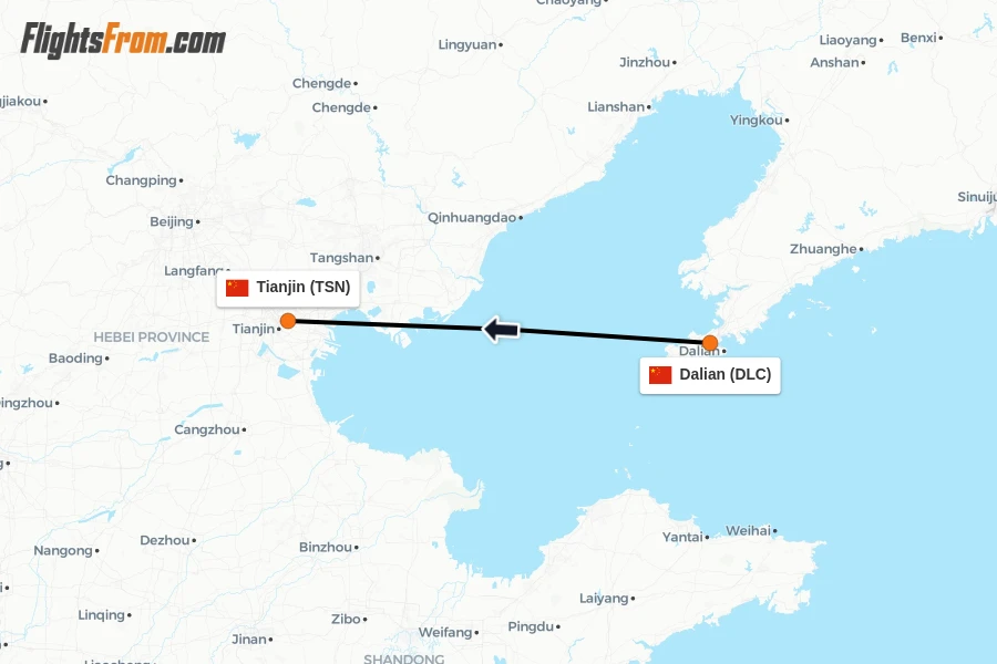 Flights from Dalian to Tianjin route map