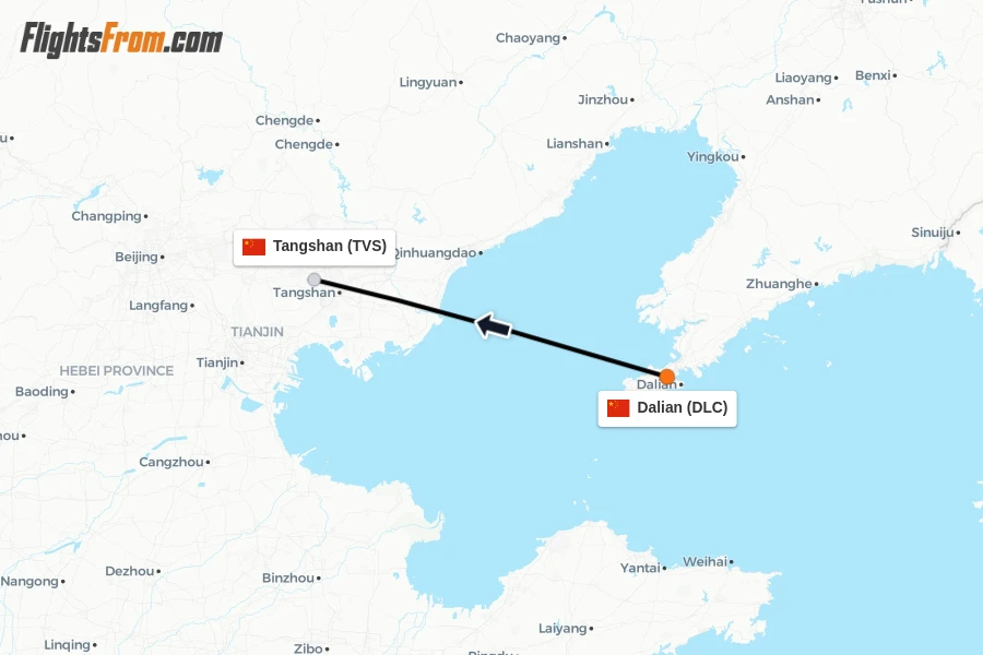 Flights from Dalian to Tangshan route map