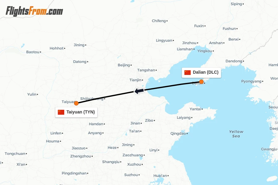 Flights from Dalian to Taiyuan route map