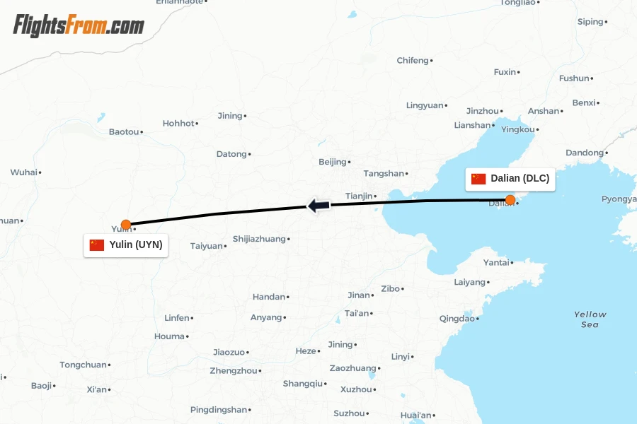 Flights from Dalian to Yulin route map