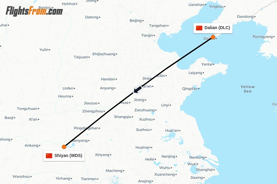 Flights from Dalian to Shiyan route map