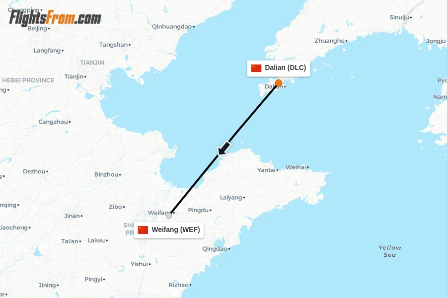 Flights from Dalian to Weifang route map