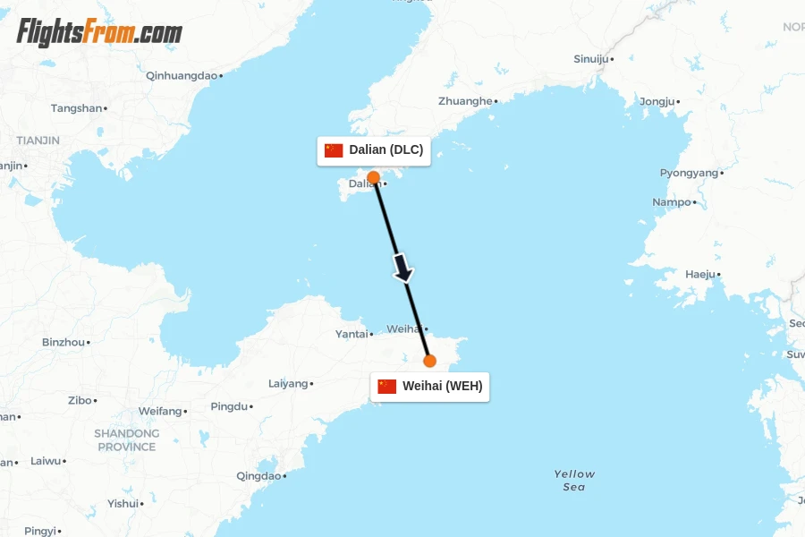 Flights from Dalian to Weihai route map