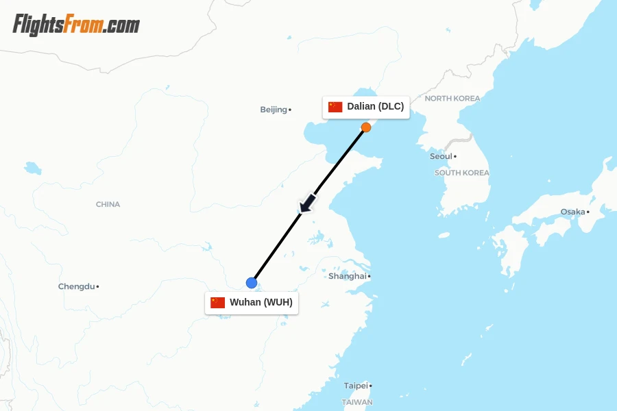 Flights from Dalian to Wuhan route map
