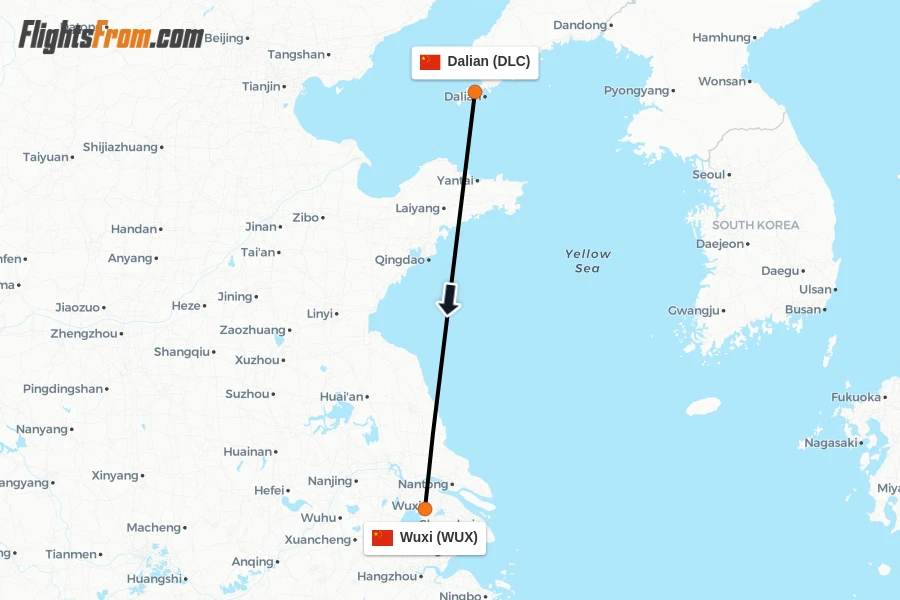 Flights from Dalian to Wuxi route map