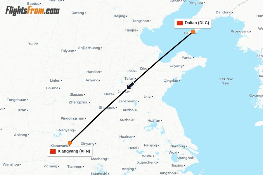 Flights from Dalian to Xiangyang route map