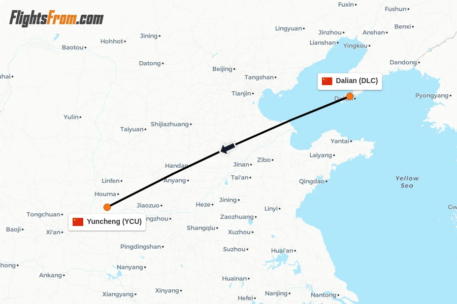 Flights from Dalian to Yuncheng route map