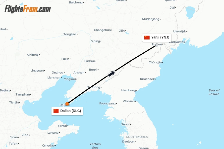 Flights from Dalian to Yanji route map