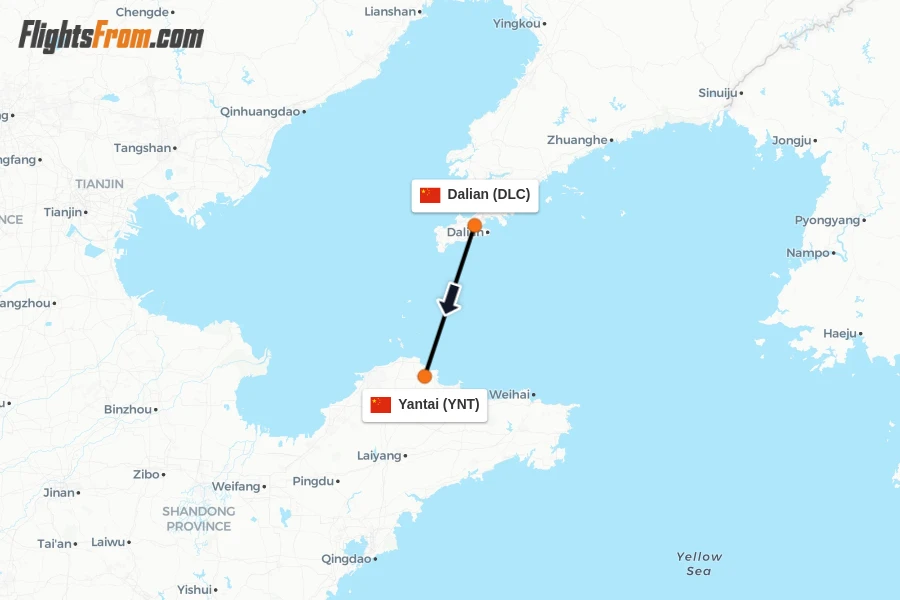 Flights from Dalian to Yantai route map