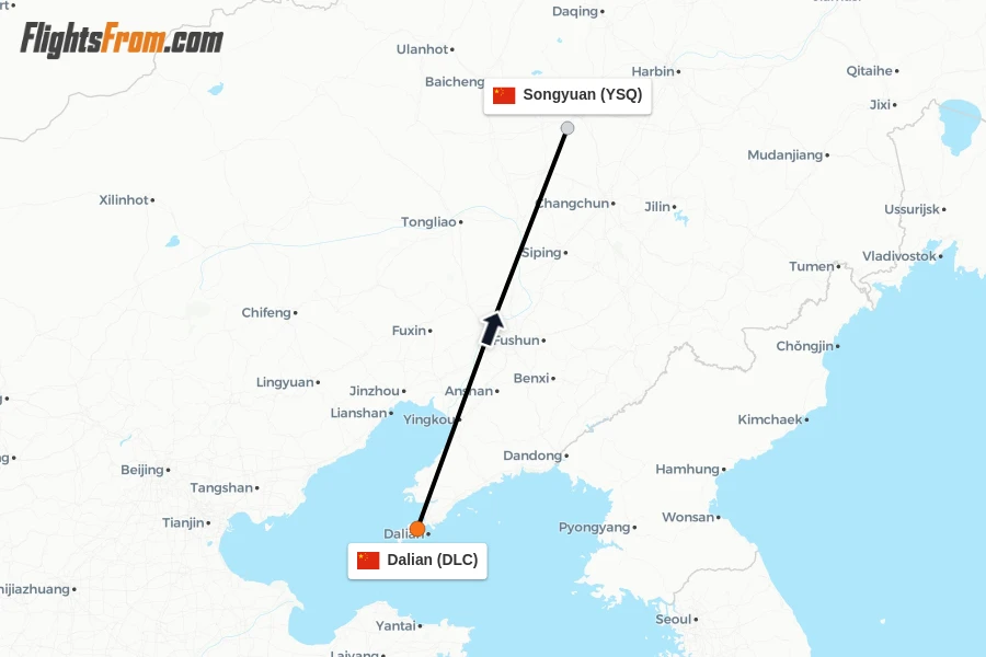 Flights from Dalian to Songyuan route map