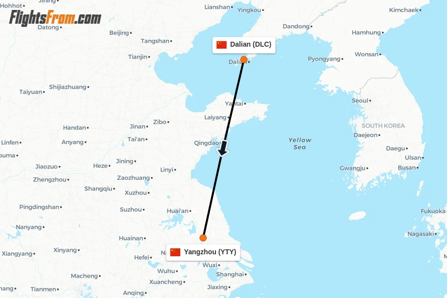 Flights from Dalian to Yangzhou route map