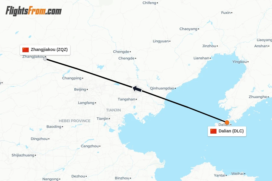 Flights from Dalian to Zhangjiakou route map