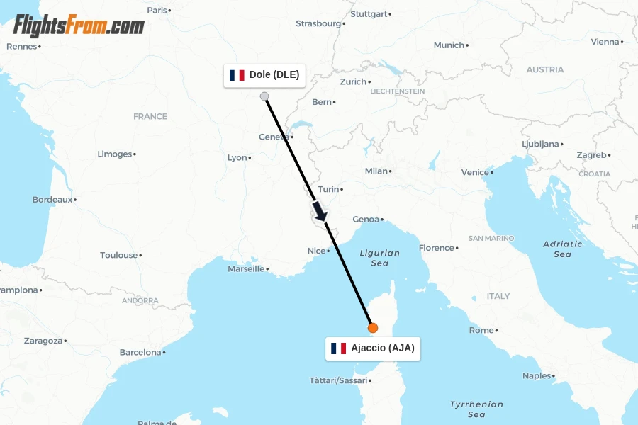 Flights from Dole to Ajaccio route map