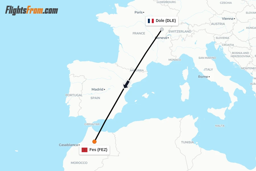 Flights from Dole to Fes route map
