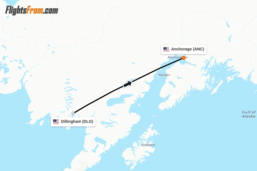 Flights from Dillingham to Anchorage route map