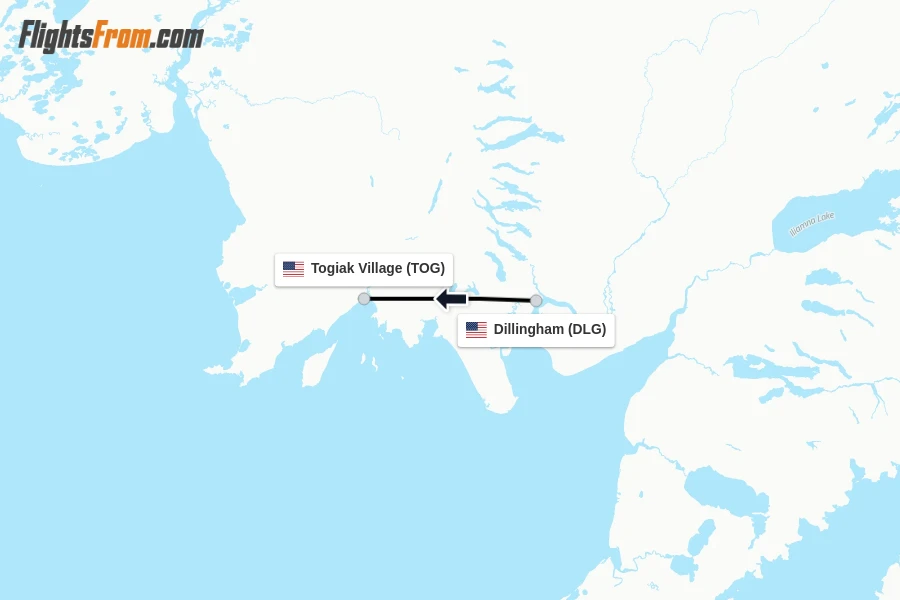 Flights from Dillingham to Togiak Village route map