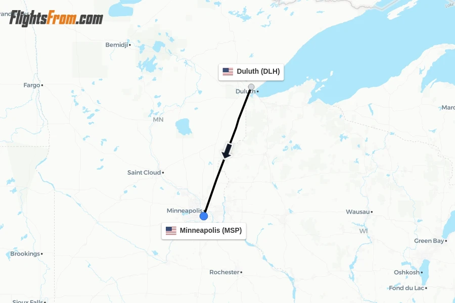 Flights from Duluth to Minneapolis route map