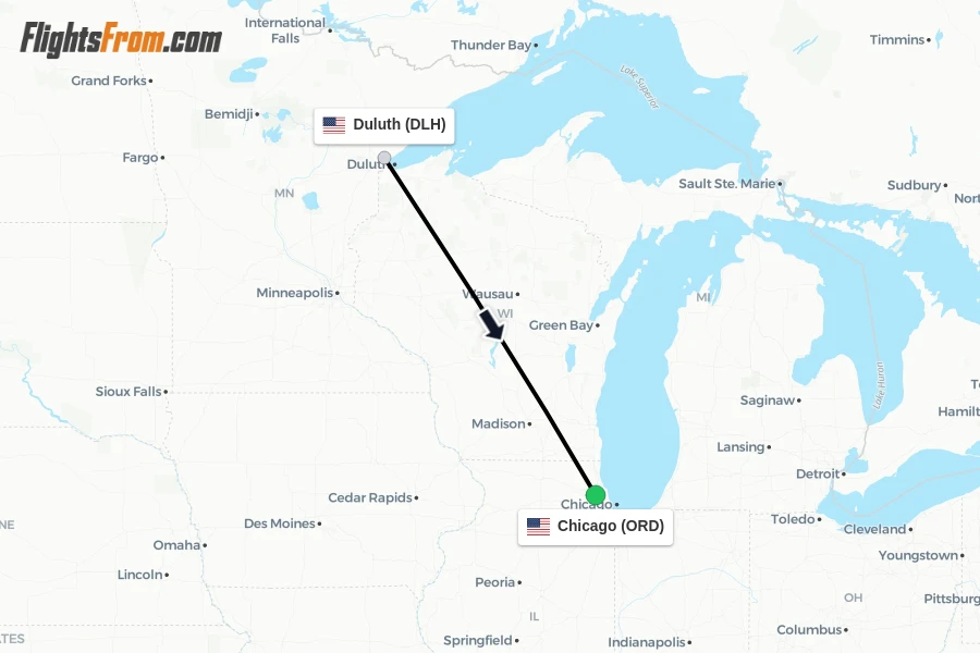 Flights from Duluth to Chicago route map