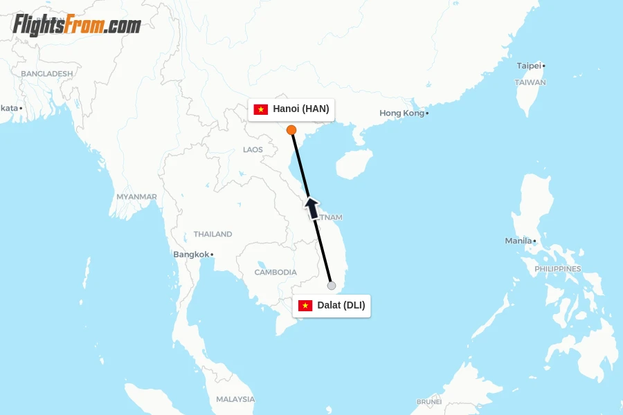 Flights from Dalat to Hanoi route map