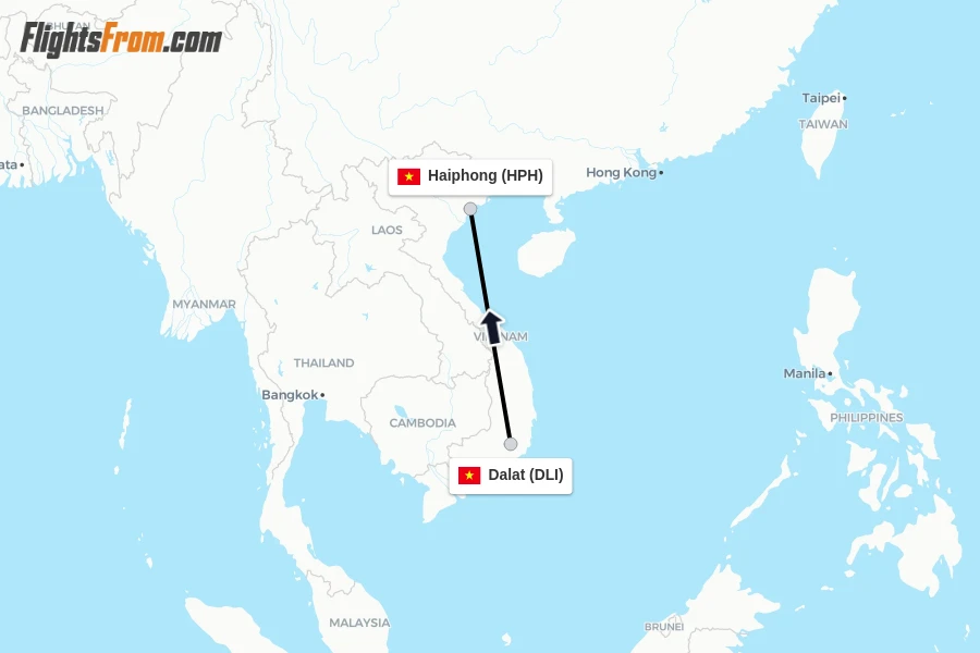 Flights from Dalat to Haiphong route map