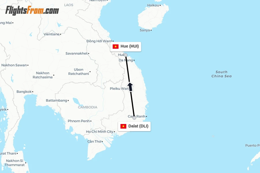 Flights from Dalat to Hue route map