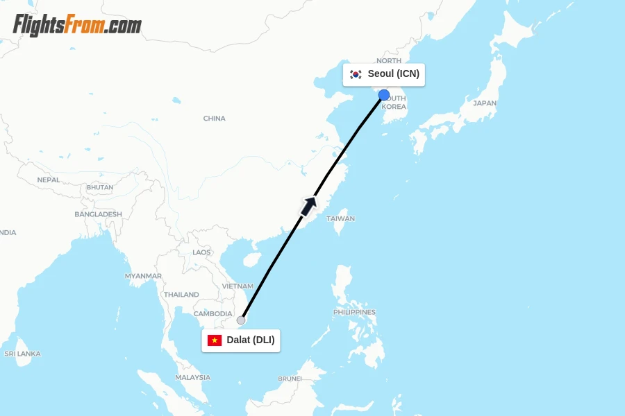 Flights from Dalat to Seoul route map