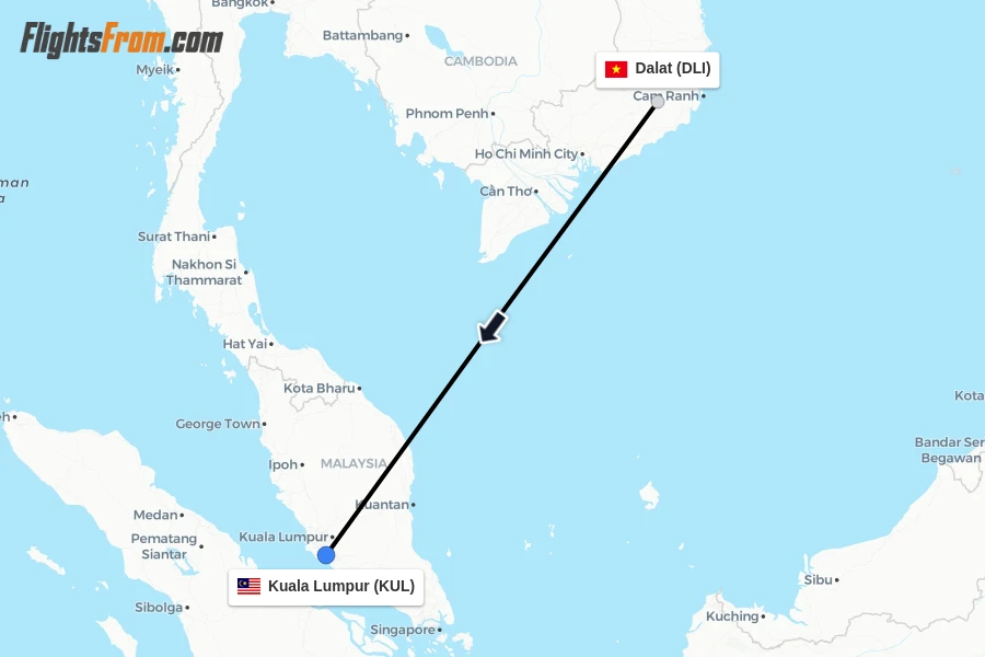 Flights from Dalat to Kuala Lumpur route map