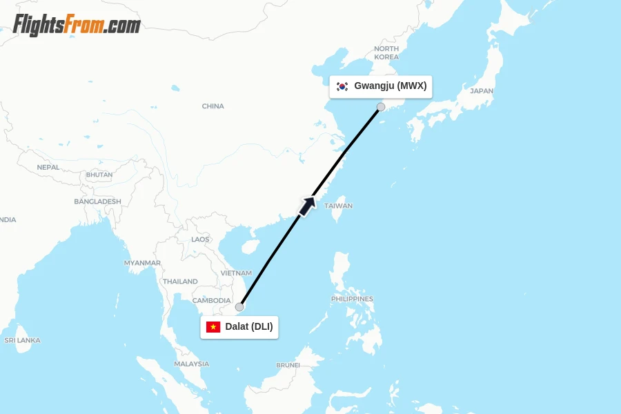 Flights from Dalat to Gwangju route map