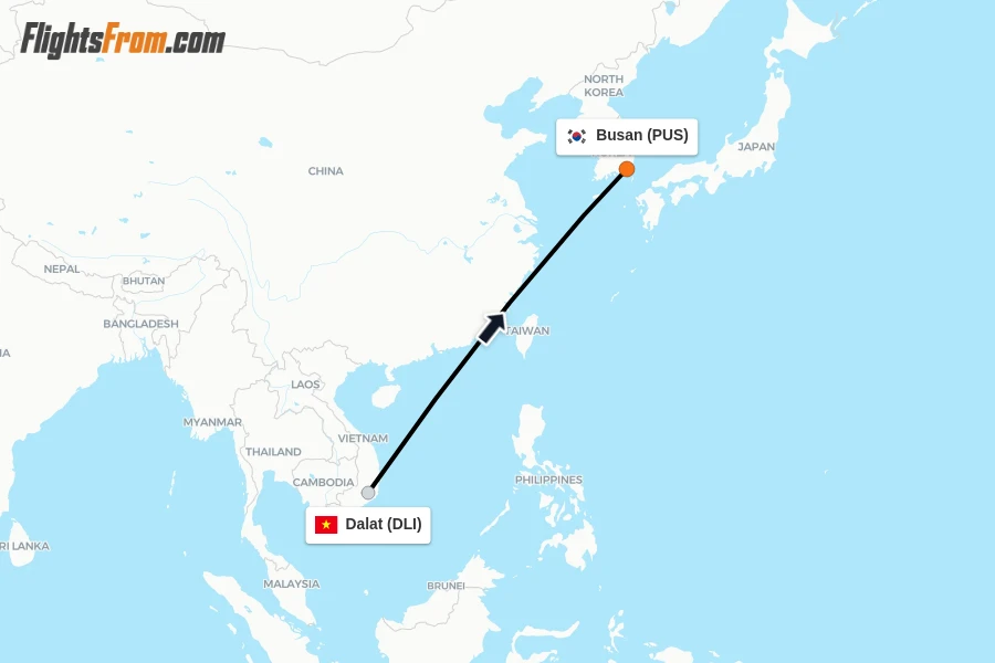 Flights from Dalat to Busan route map