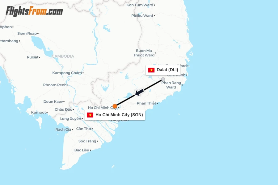 Flights from Dalat to Ho Chi Minh City route map
