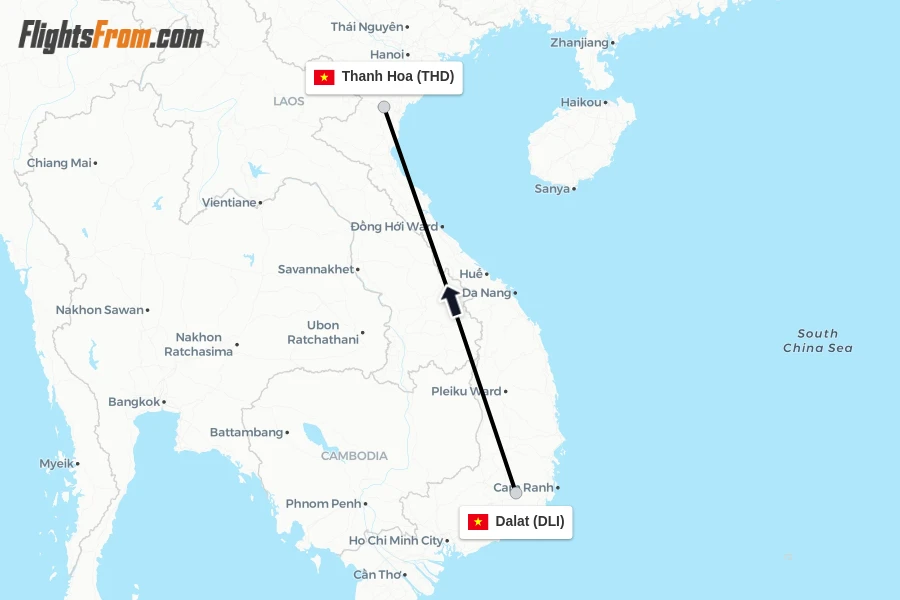 Flights from Dalat to Thanh Hoa route map