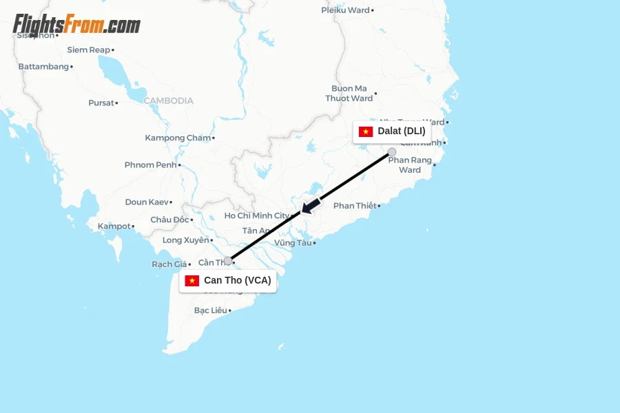 Flights from Dalat to Can Tho route map