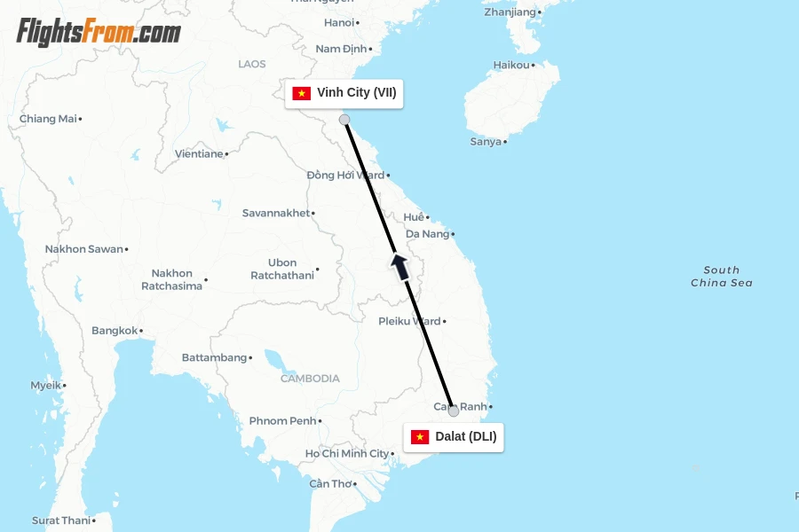 Flights from Dalat to Vinh City route map
