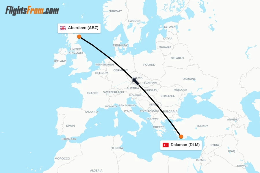 Flights from Dalaman to Aberdeen route map