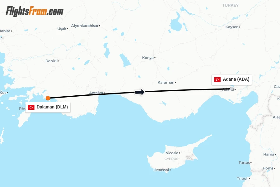 Flights from Dalaman to Adana route map