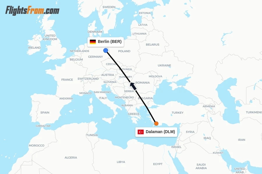 Flights from Dalaman to Berlin route map