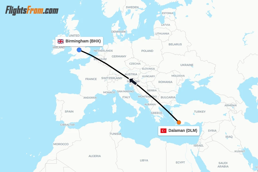 Flights from Dalaman to Birmingham route map