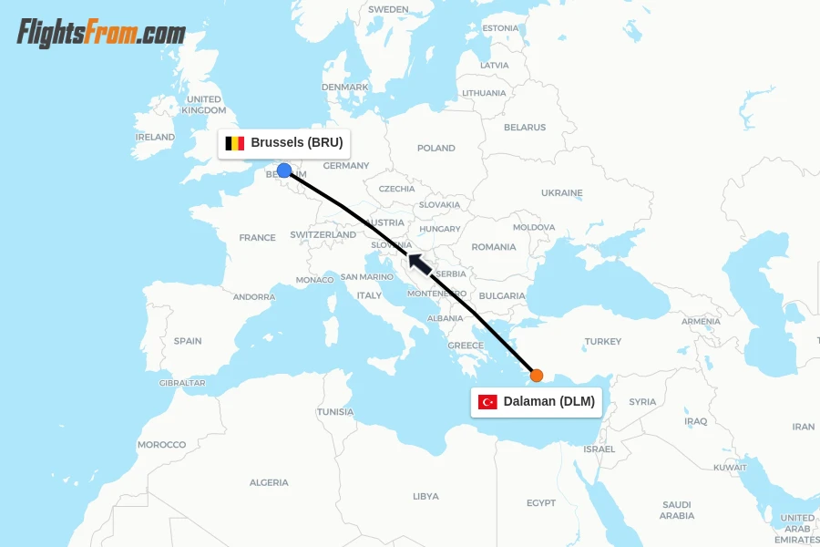 Flights from Dalaman to Brussels route map