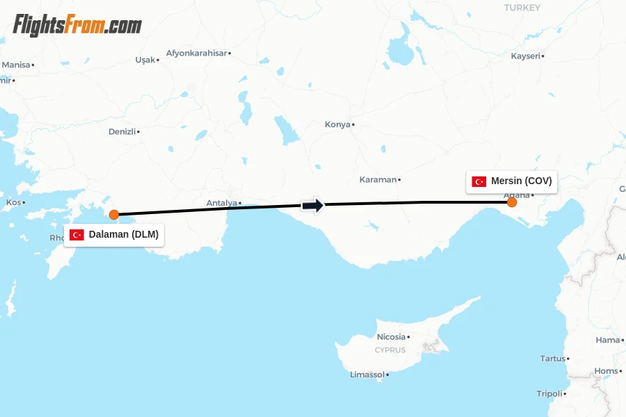 Flights from Dalaman to Mersin route map
