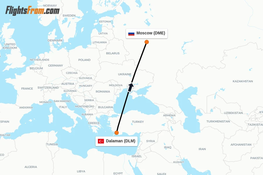 Flights from Dalaman to Moscow route map