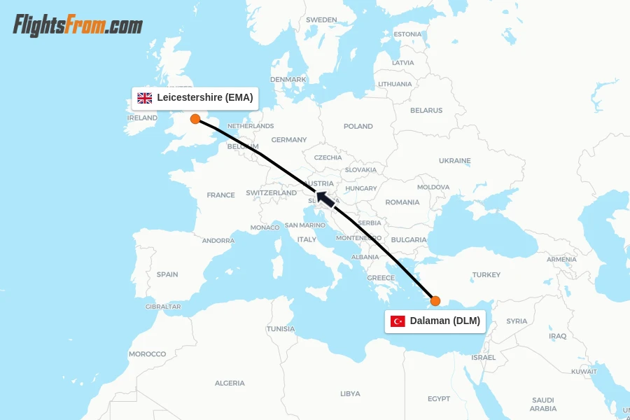 Flights from Dalaman to Leicestershire route map