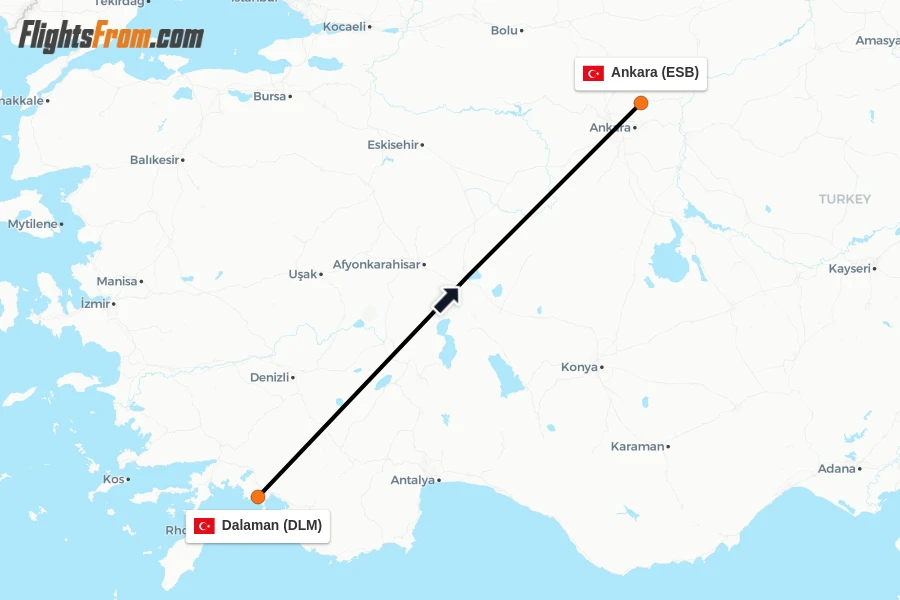 Flights from Dalaman to Ankara route map