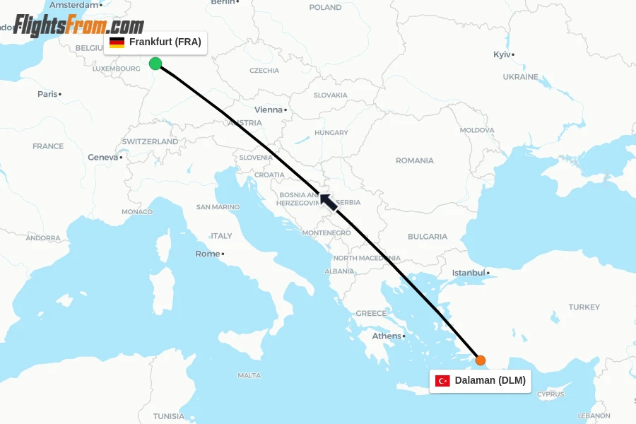 Flights from Dalaman to Frankfurt route map