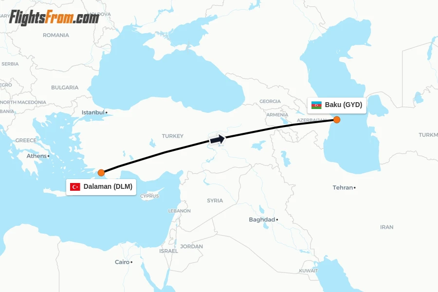 Flights from Dalaman to Baku route map