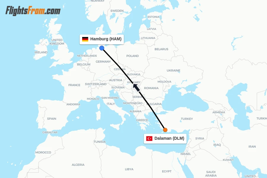 Flights from Dalaman to Hamburg route map