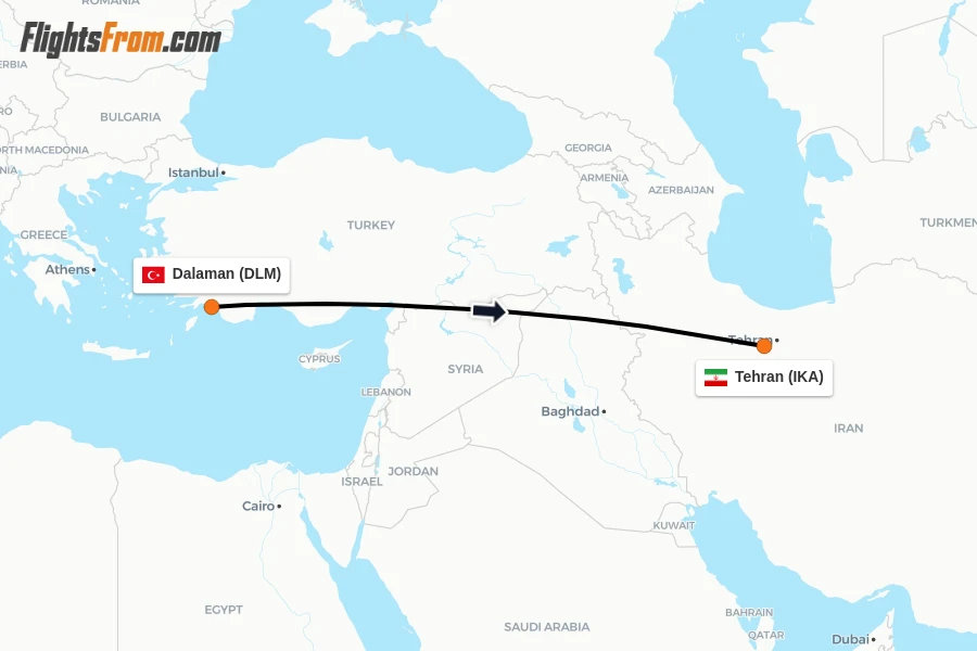 Flights from Dalaman to Tehran route map
