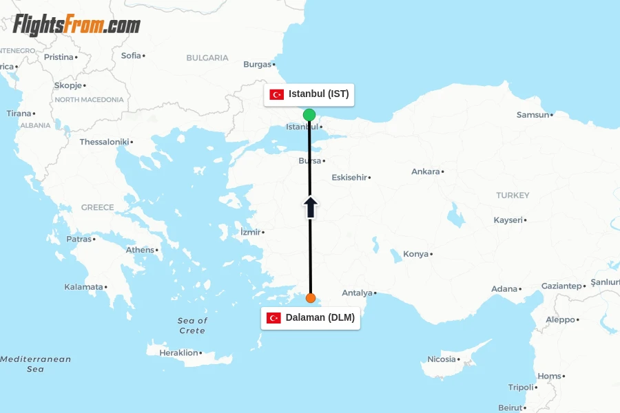 Flights from Dalaman to Istanbul route map