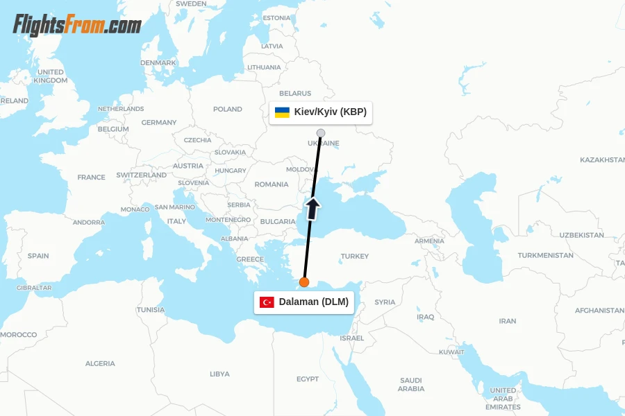 Flights from Dalaman to Kiev/Kyiv route map
